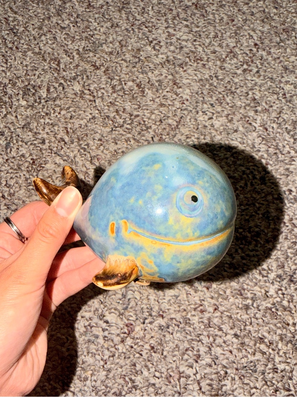Ceramic Happy Whale Stoneware Figurine Blue/Yellowish Glazed